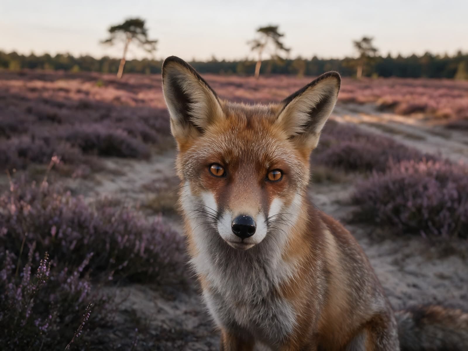 Vos op de heide in avondlicht