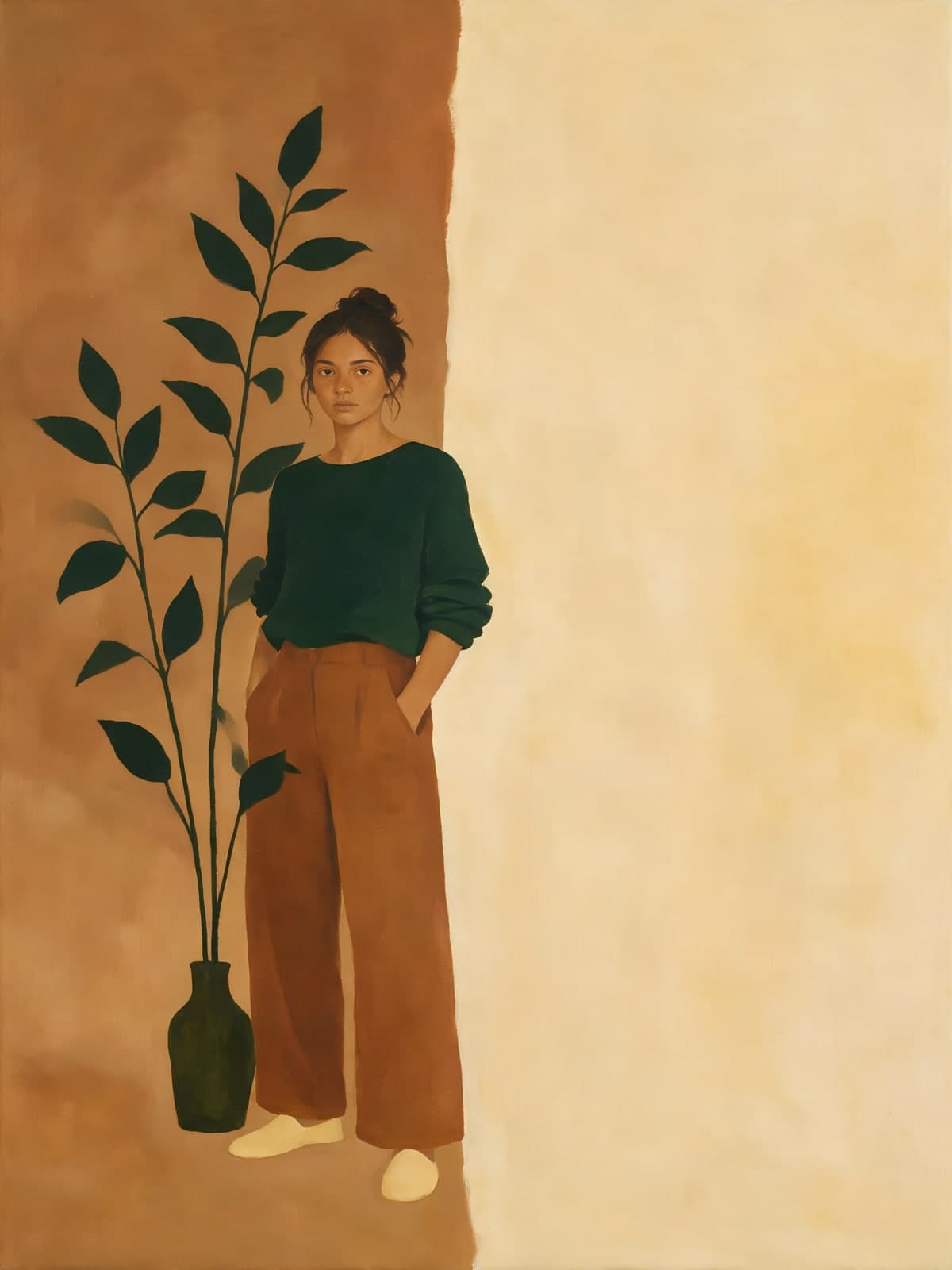 Vrouw in groene trui naast een plant