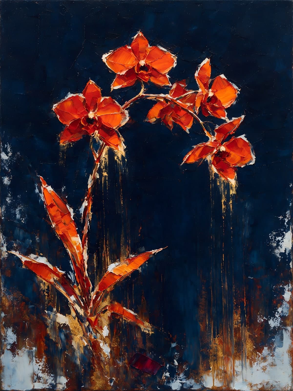 Oranje orchideeën op diepblauwe achtergrond