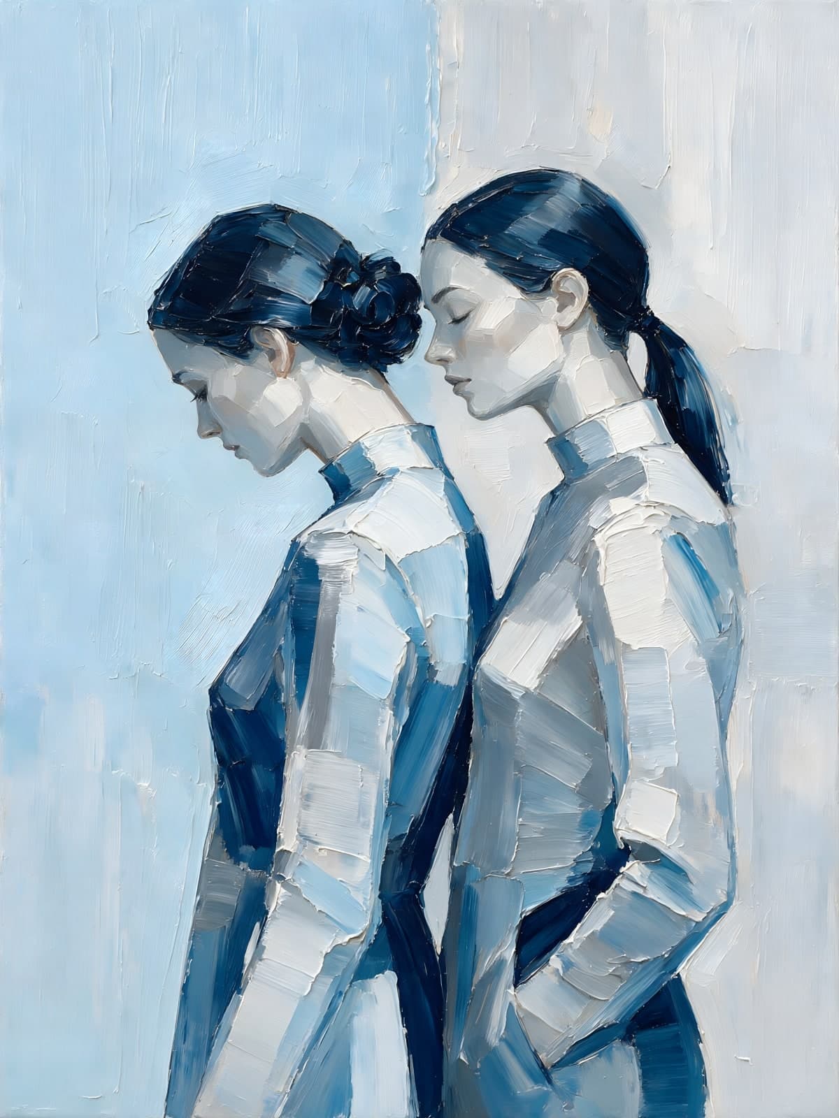 Twee vrouwen in blauw met gebogen hoofd