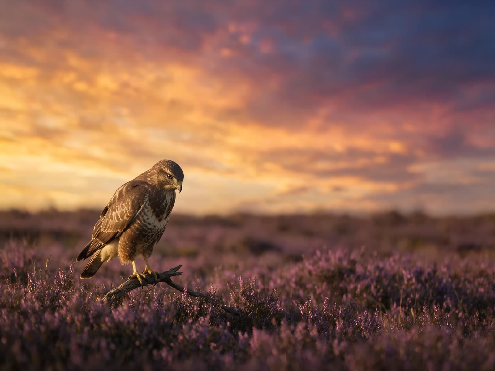 Buizerd op paarse heide bij avondlucht