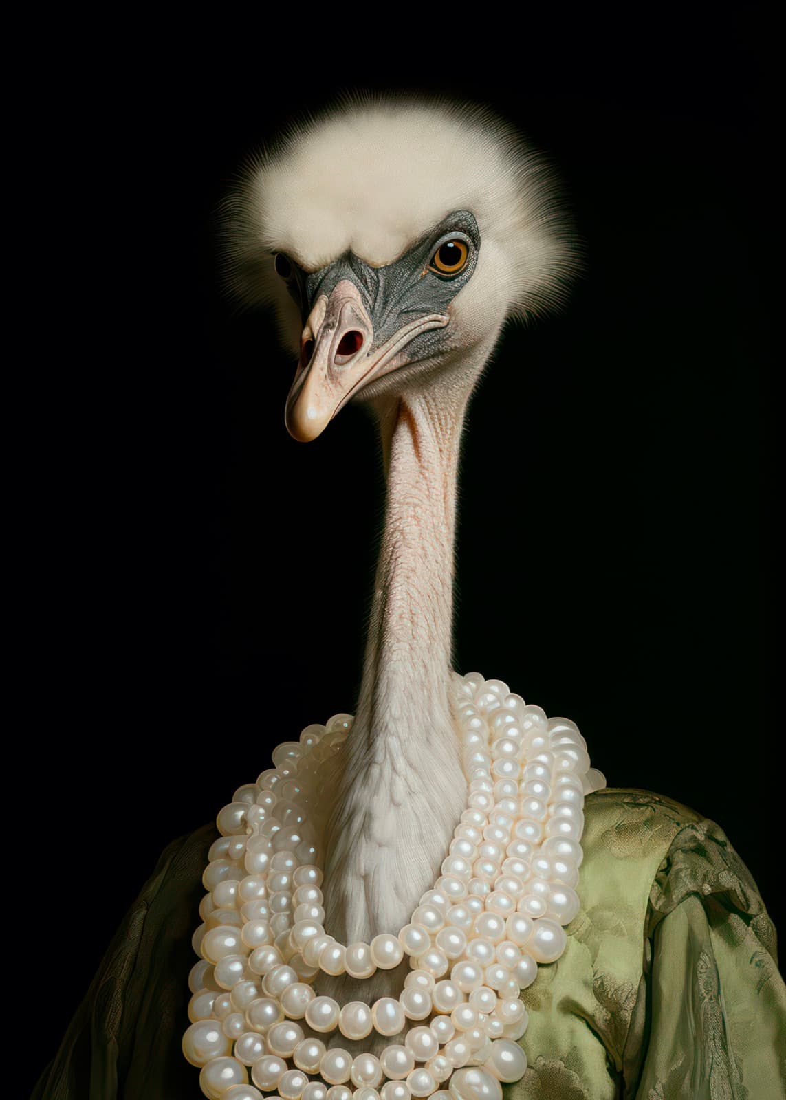 Struisvogel met pluizige kuif en parelsnoeren