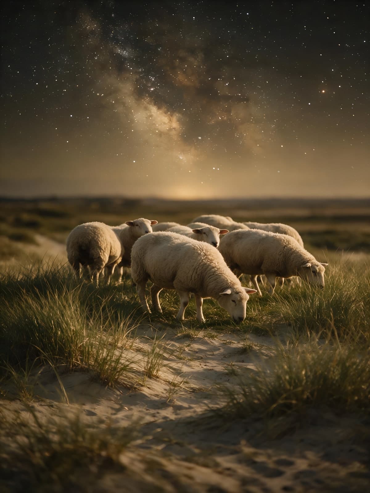 Grazende schapen in de duinen onder sterren