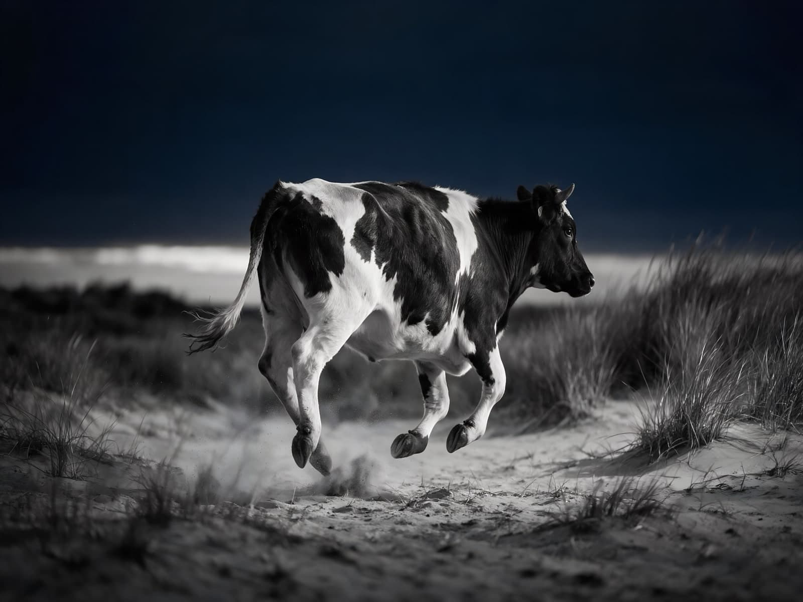 Zwartbonte koe rent over het strand