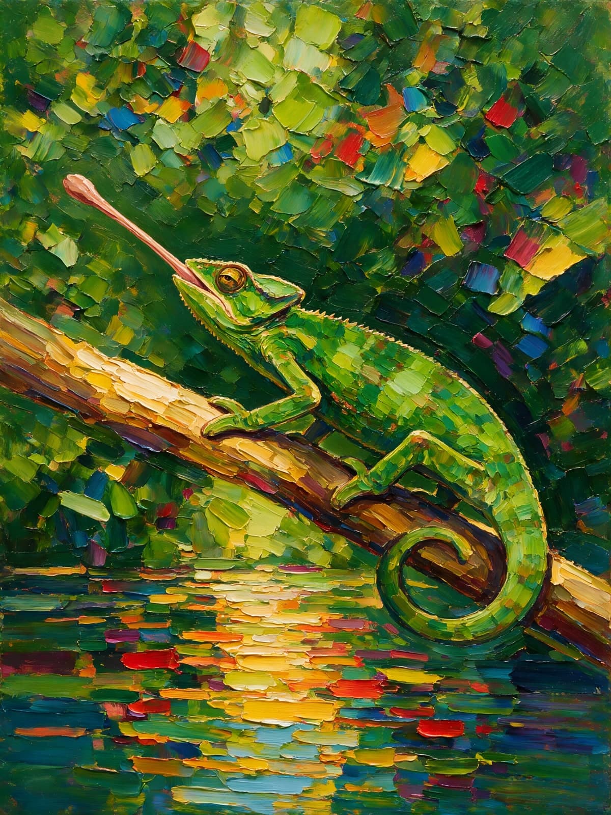 Groene kameleon op een tak boven water