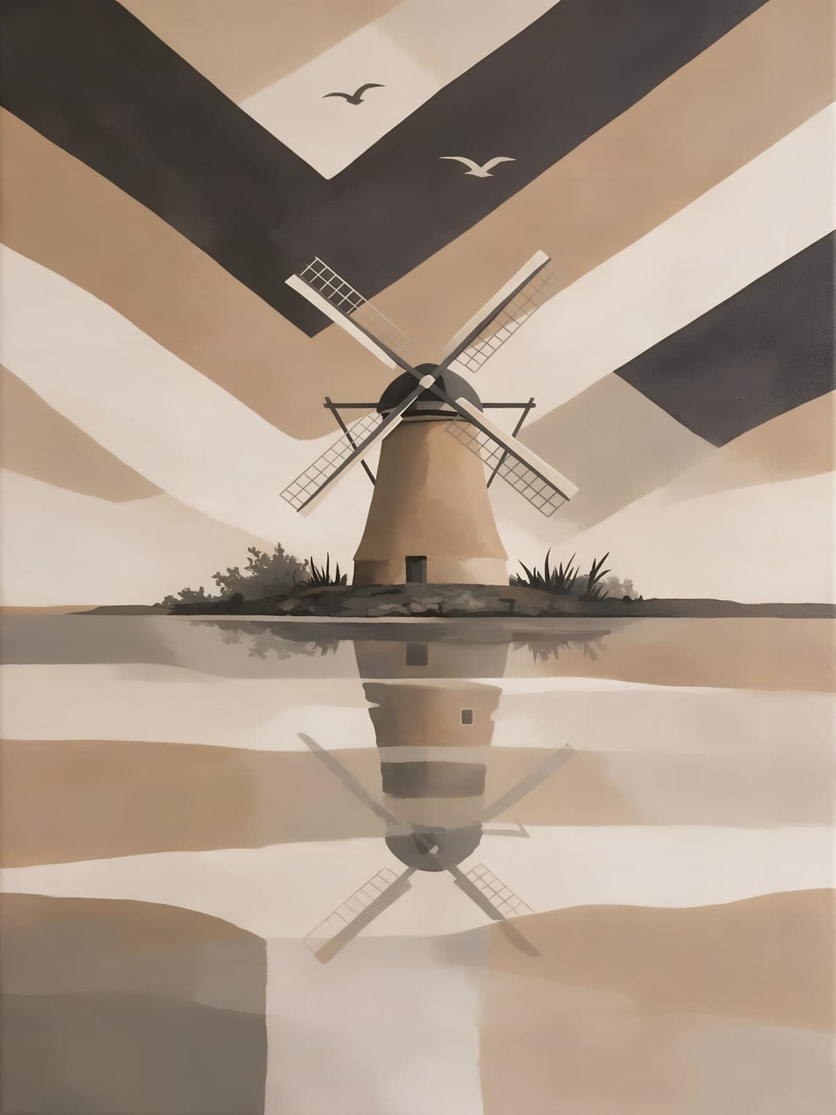 Molen met spiegeling tussen beige banen