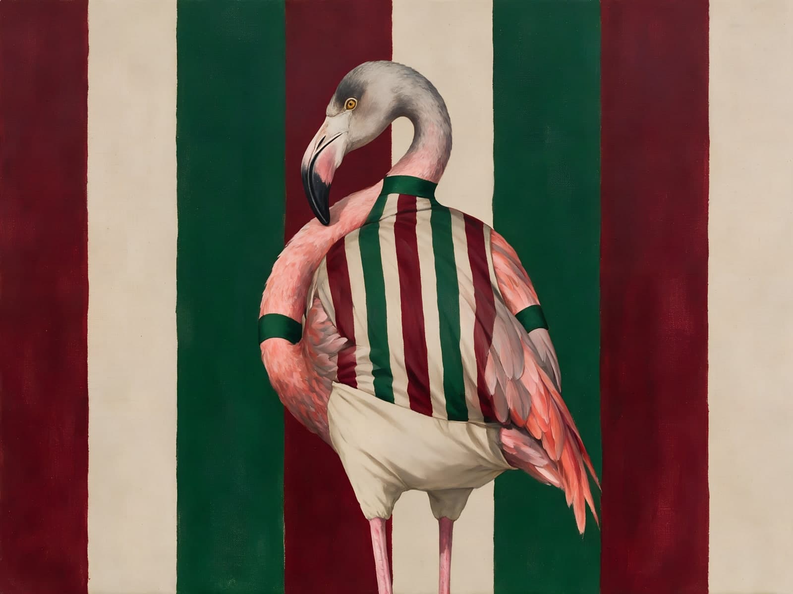 Flamingo in gestreept shirt voor groene strepen