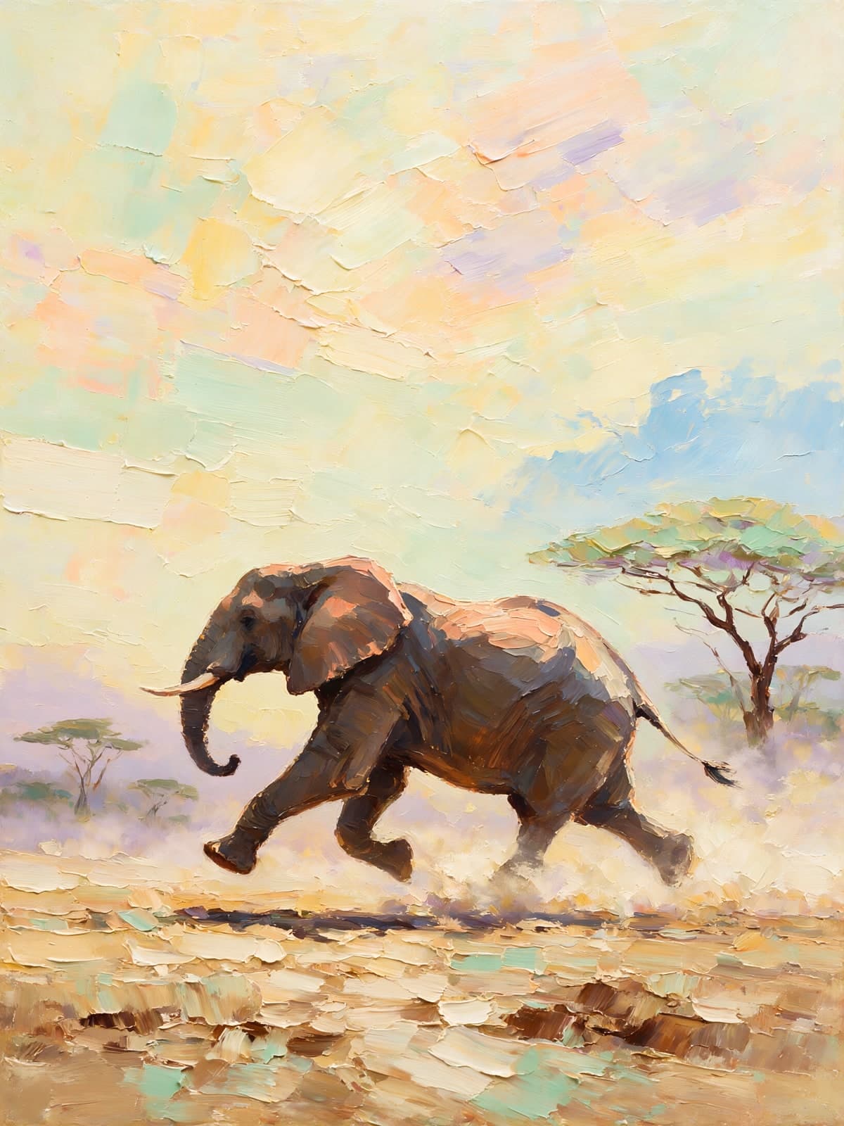Rennende olifant door stof en pastelkleuren
