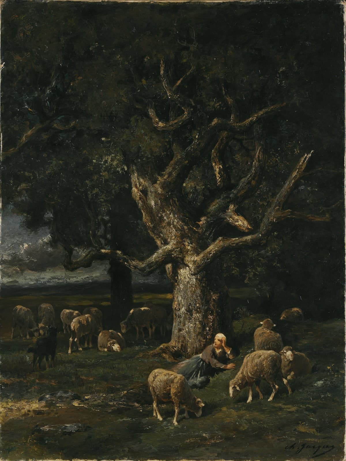 Een herderin met haar schapen