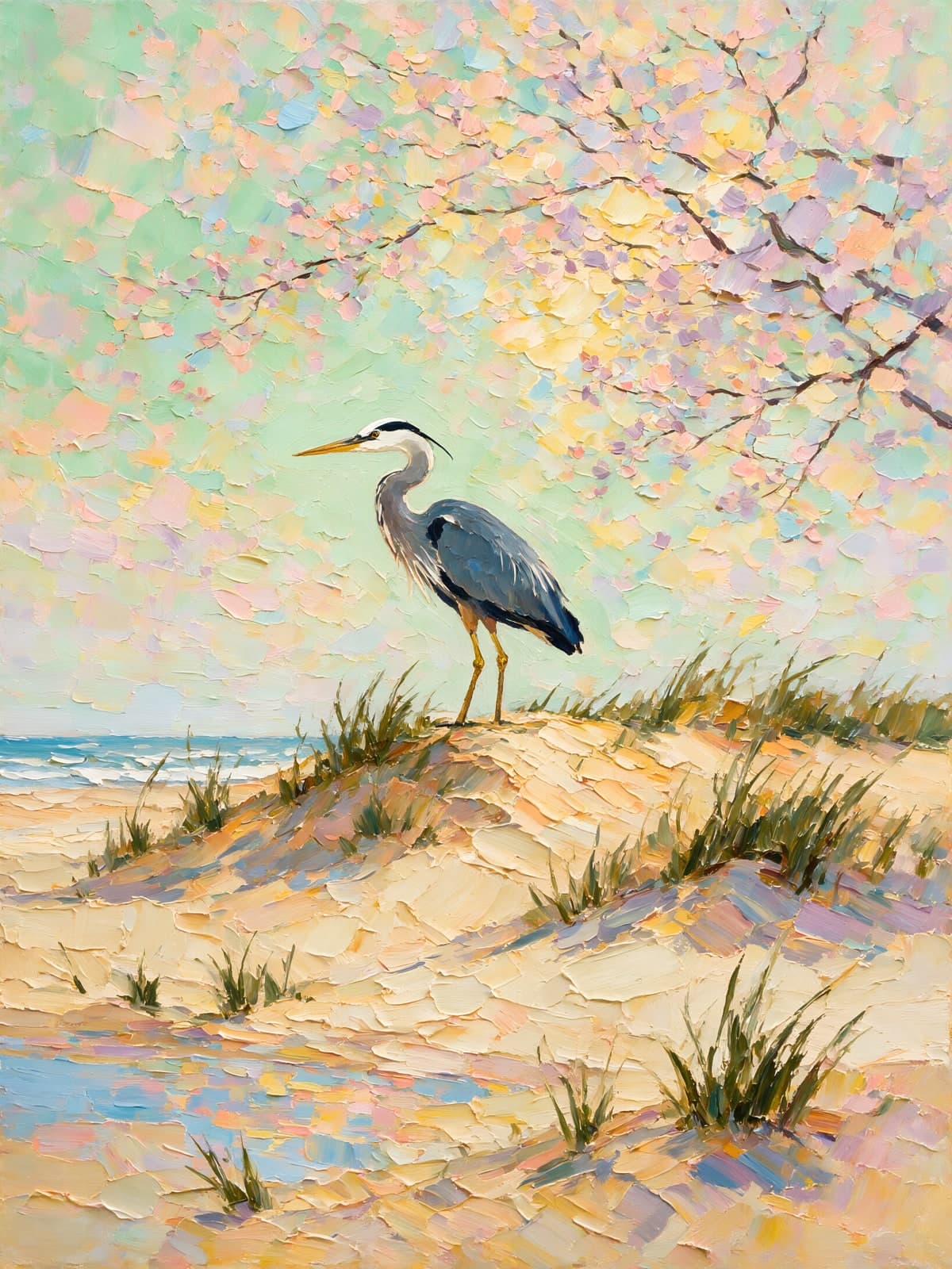 Reiger op zandduin bij pastelkleurige bloesem