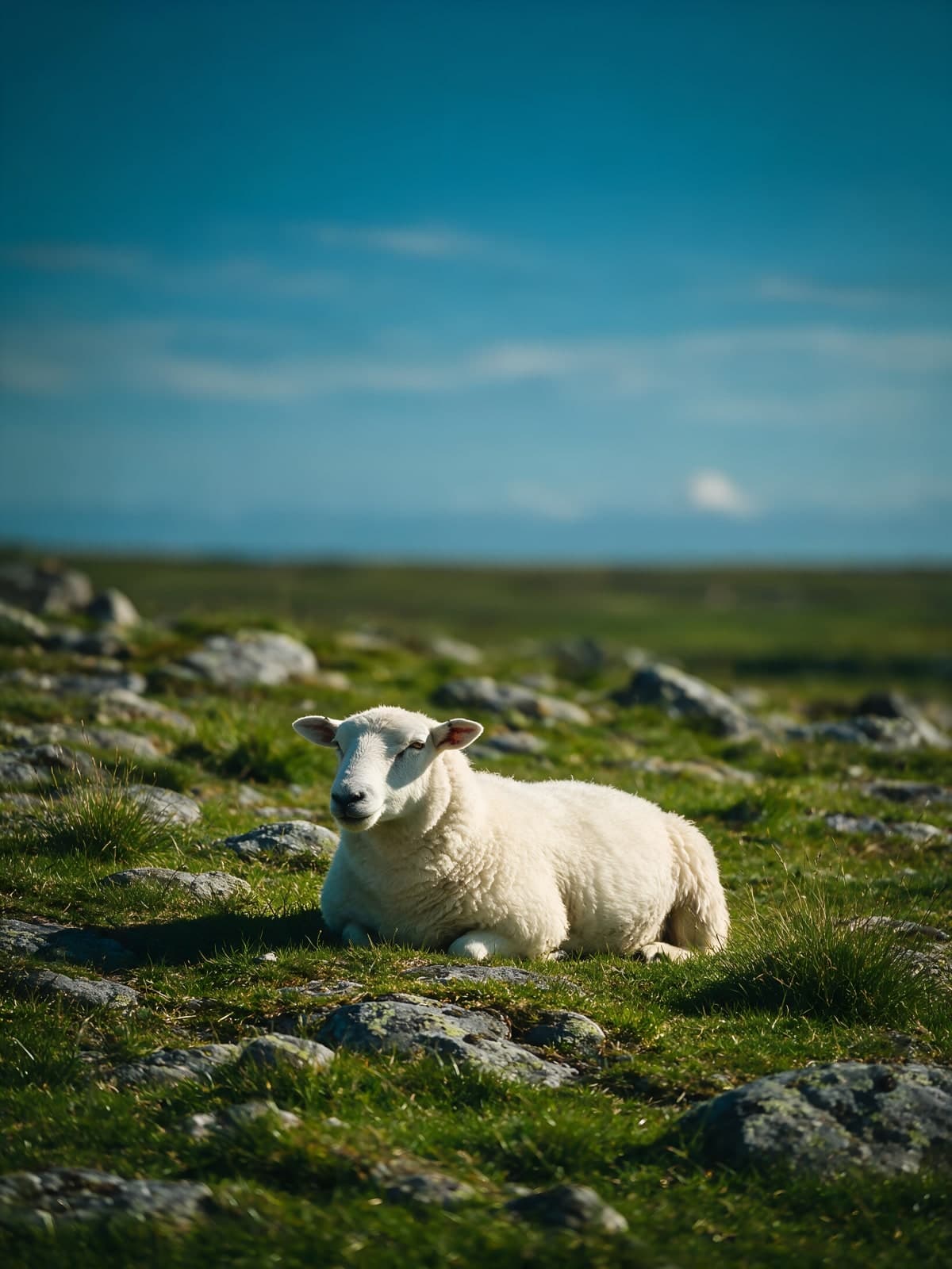 Liggend schaap op rotsig gras, blauwe lucht