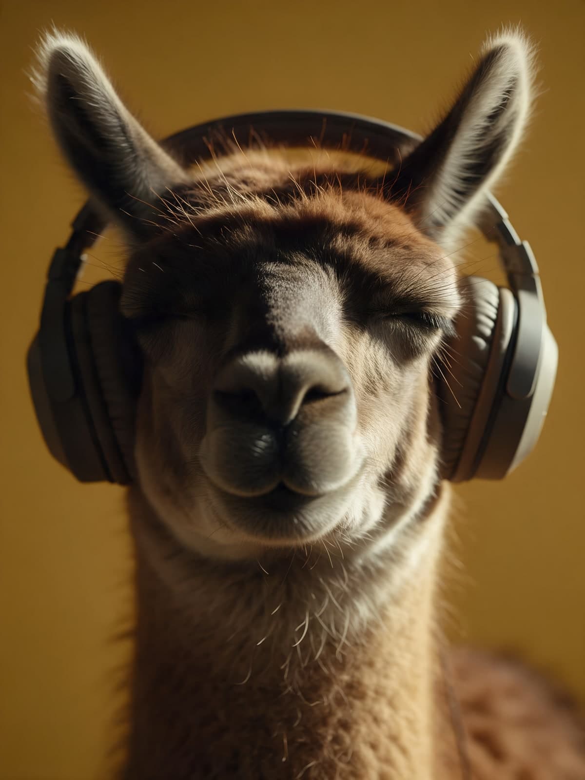 Lama met koptelefoon en gesloten ogen