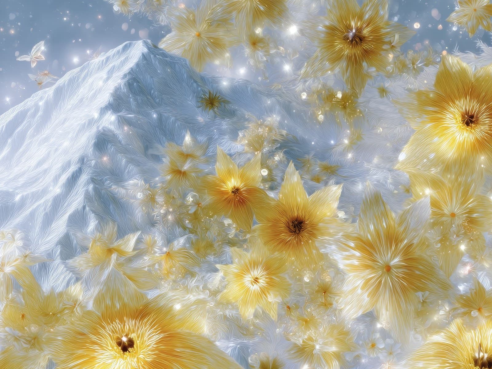 Gele sterbloemen rond een witte berg