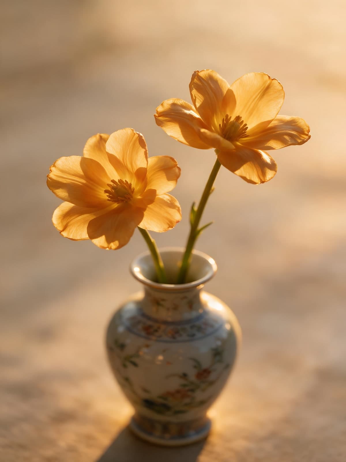 Twee oranje bloemen in een bloemetjesvaas