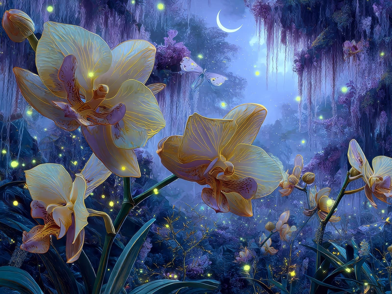 Gele orchideeën in een blauwe nacht