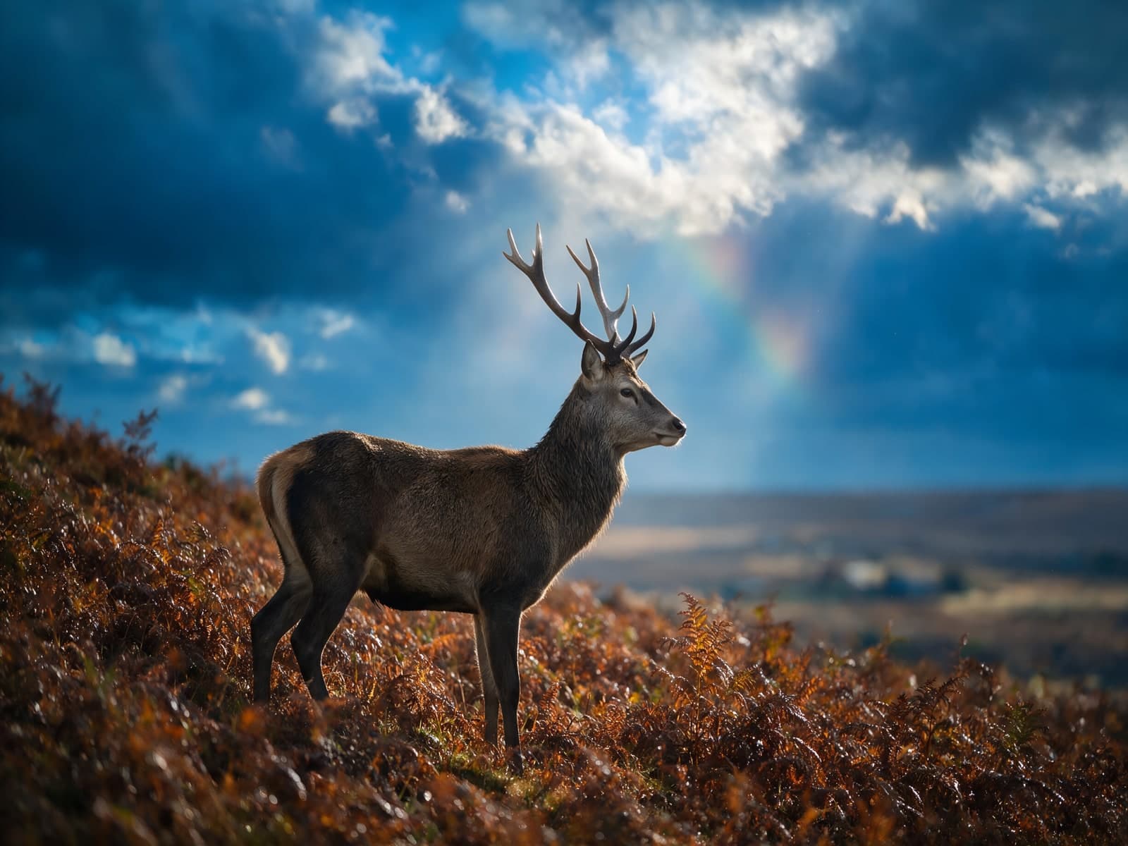 Edelhert op heideveld met zonnestralen en regenboog