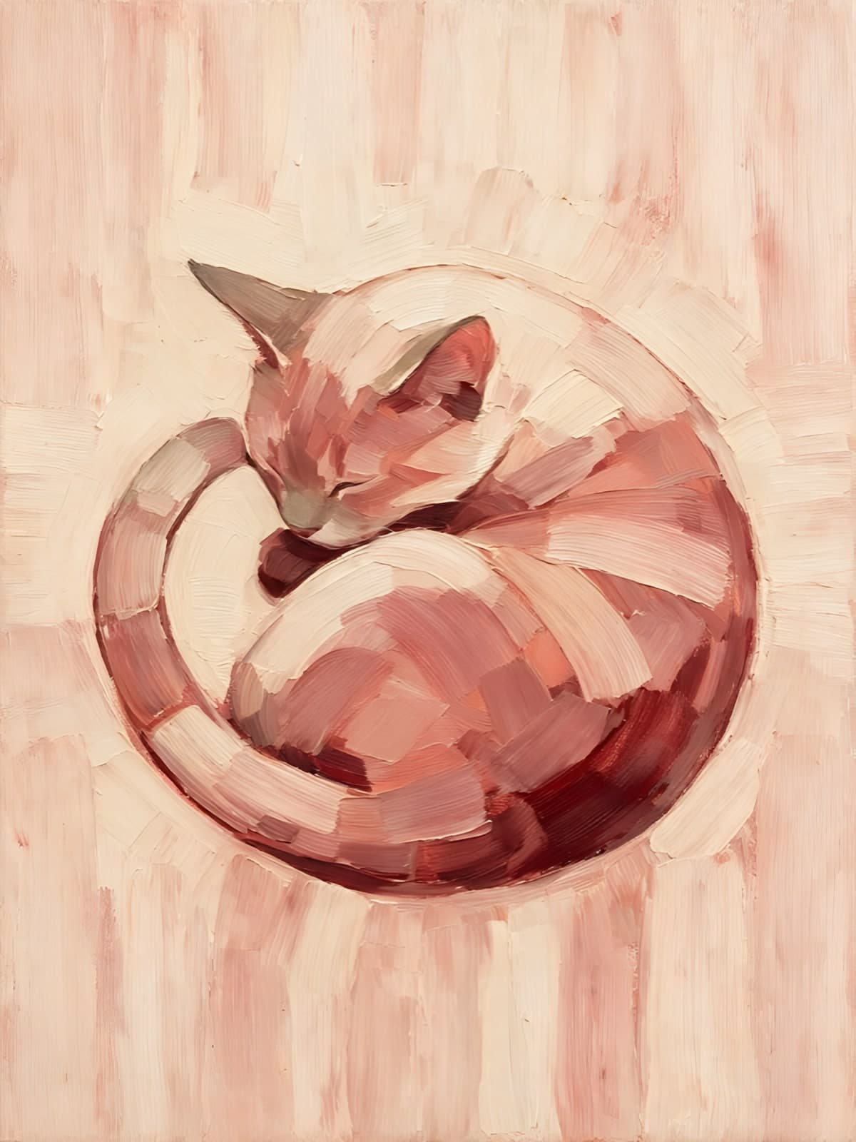 Opgekrulde roze kat op gestreepte ondergrond