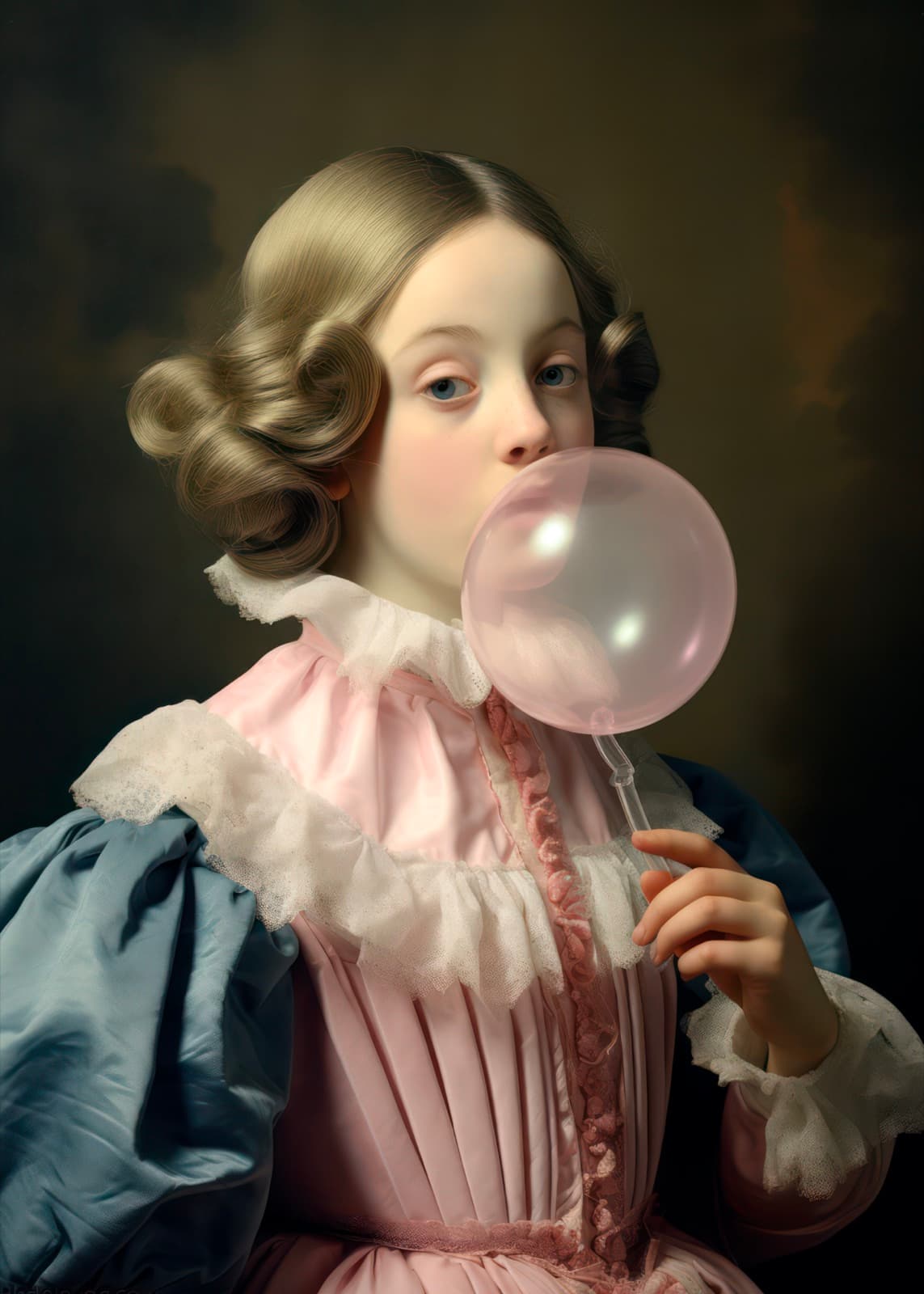 Meisje met roze kauwgombel en blauwe mouwen
