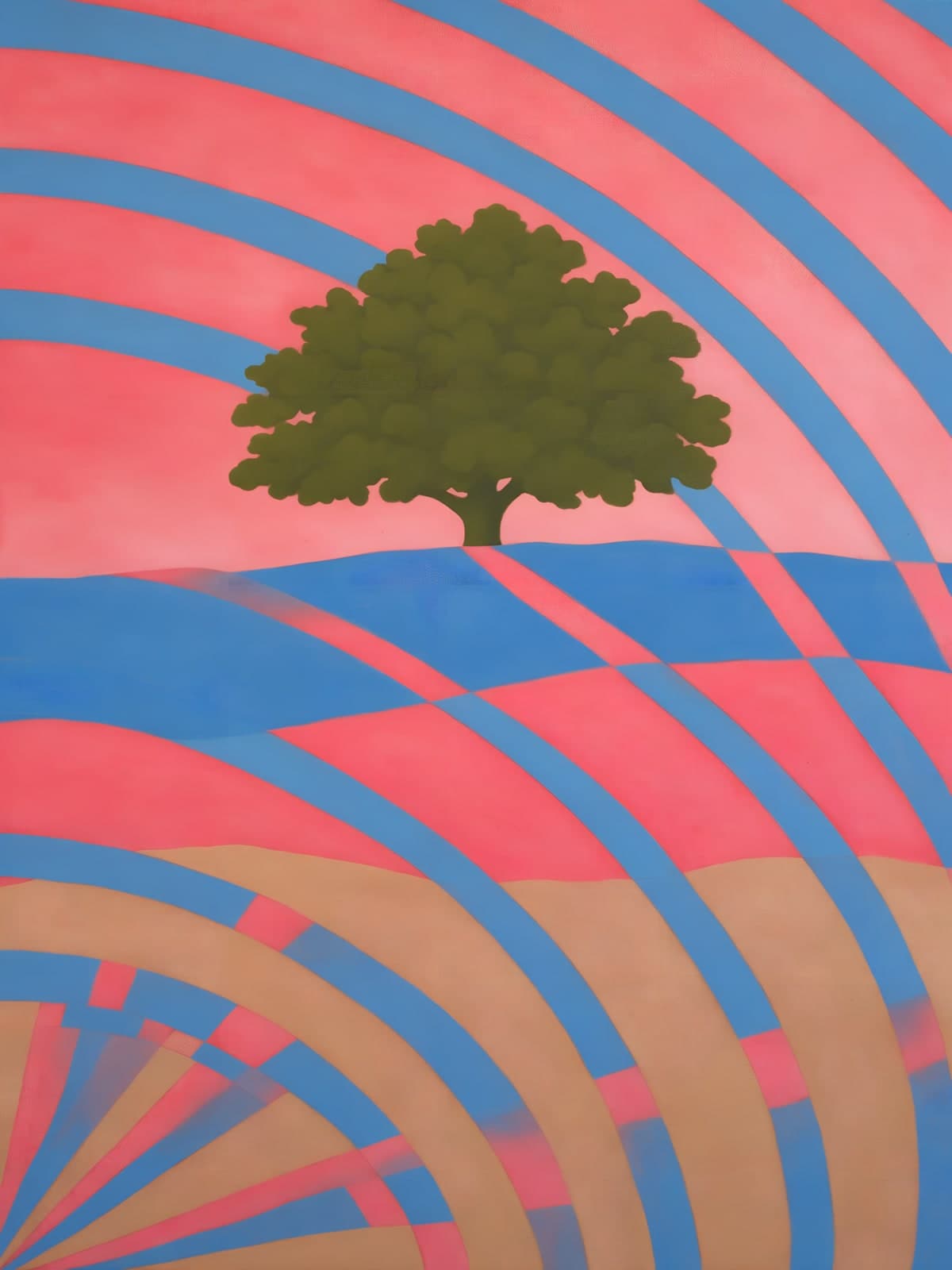 Groene boom voor roze en blauwe cirkelbanen