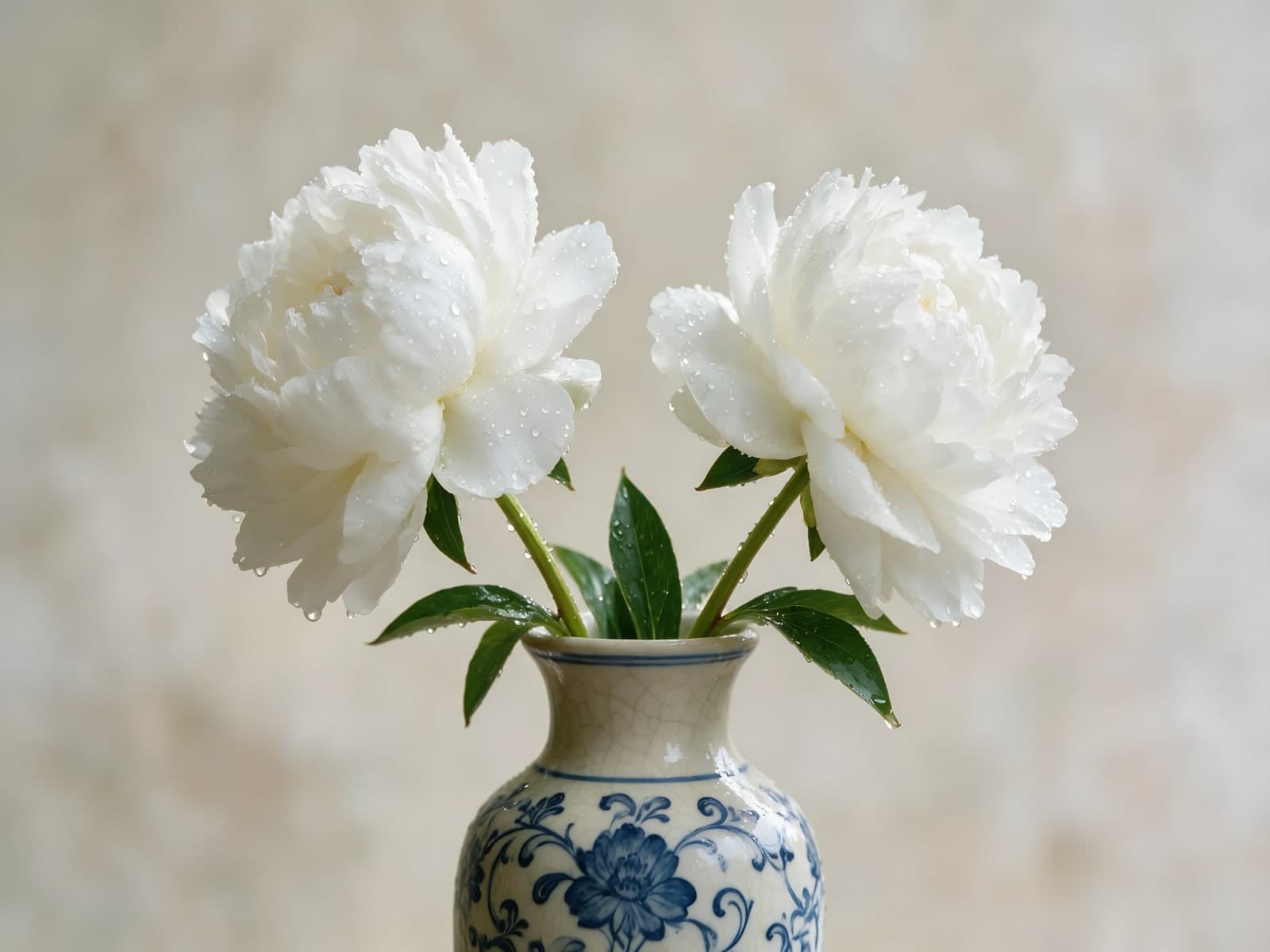Witte pioenrozen in een blauw witte vaas