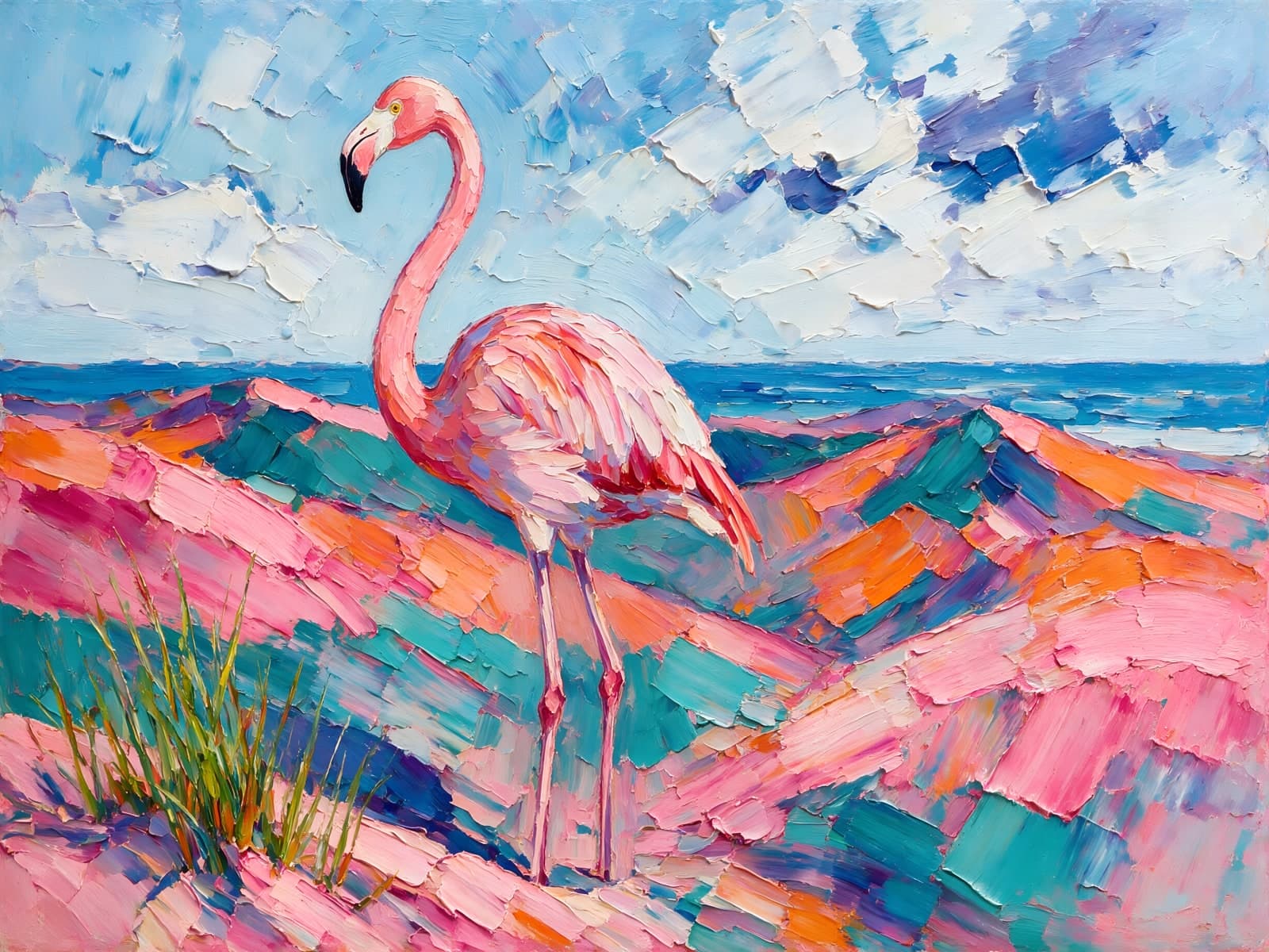 Roze flamingo op kleurrijke duinen bij zee