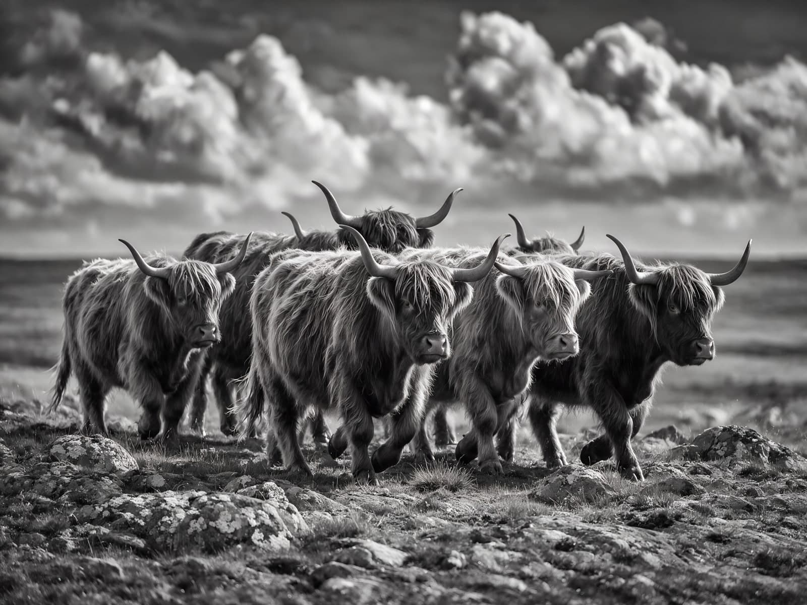 Kudde hooglanders op rotsig terrein