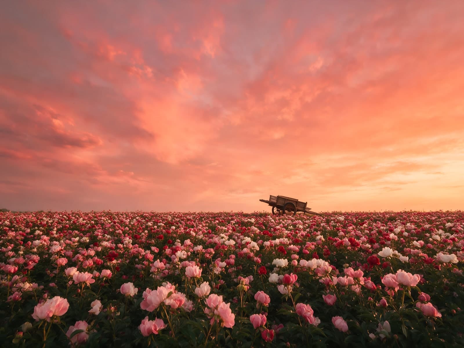Pioenrozenveld met kar onder roze avondlucht