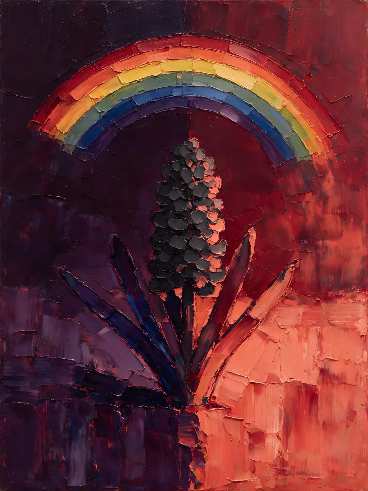 Regenboog boven plant op rood en paars