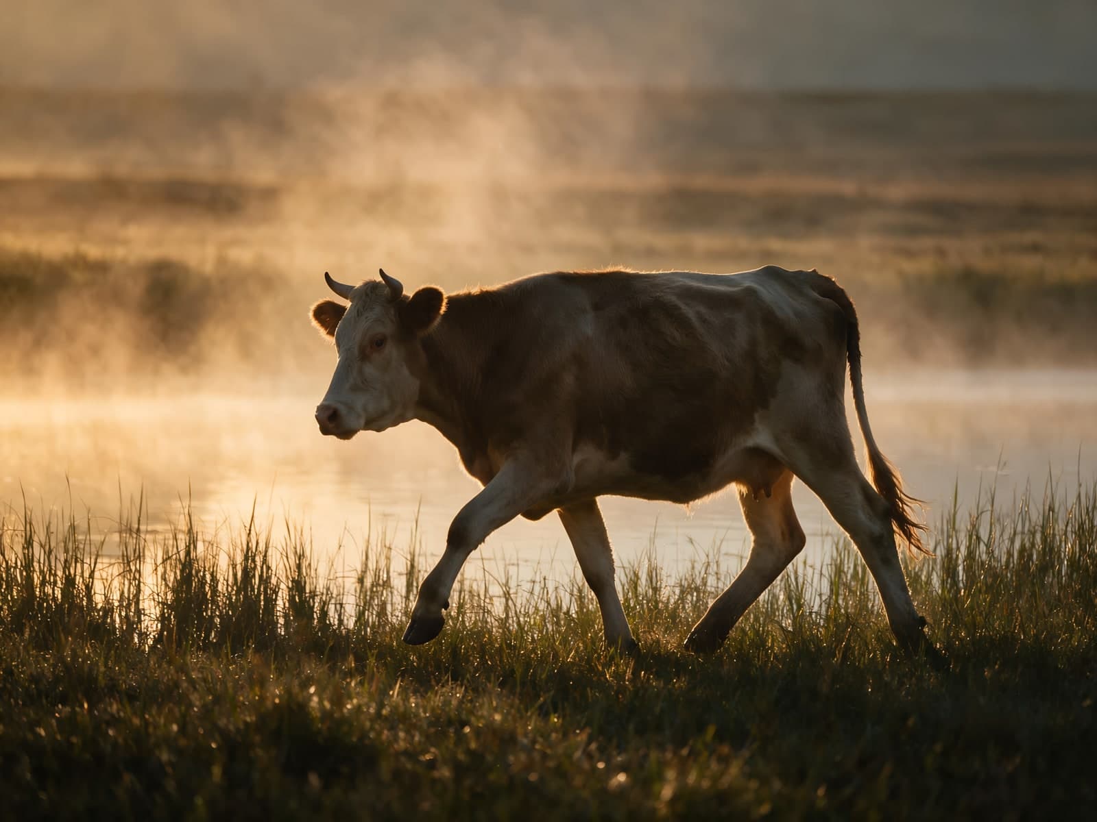 Bruine koe wandelt door ochtendmist
