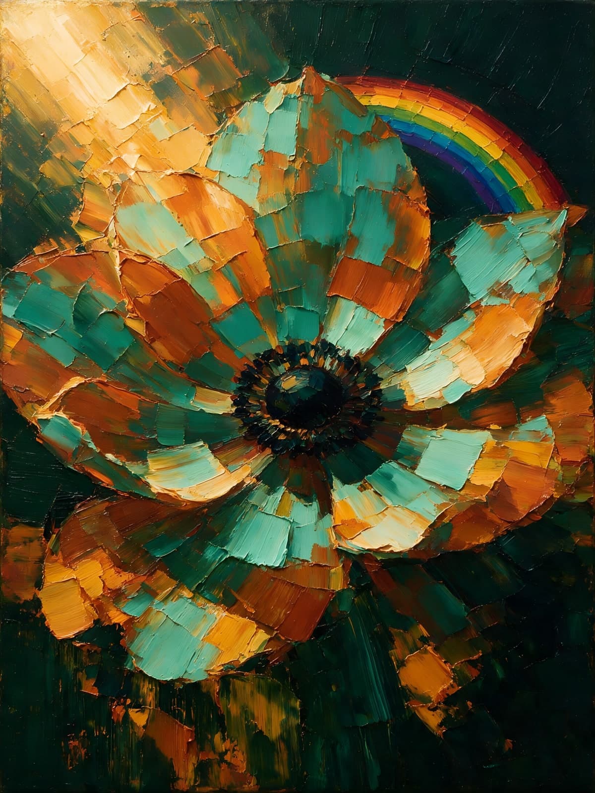 Turquoise bloem met regenboog in dikke verf