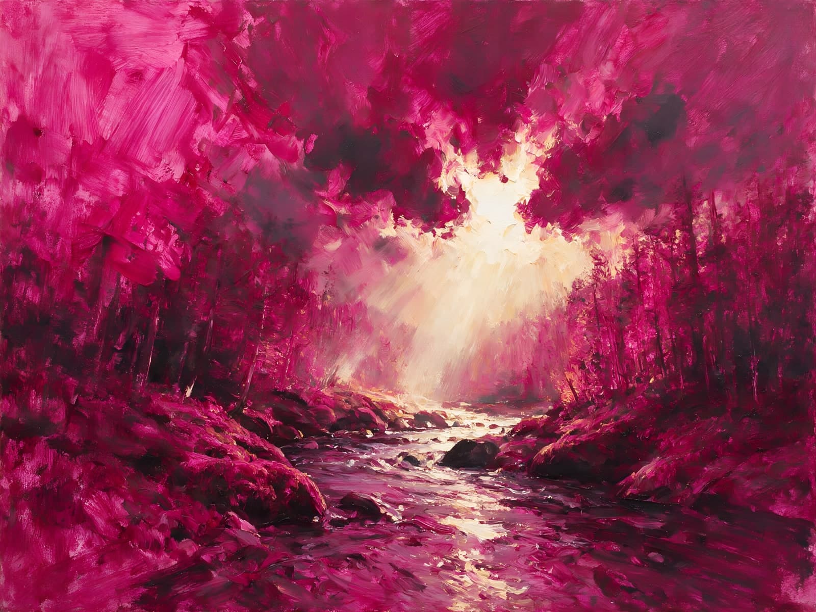 Roze bos met beek in tegenlicht