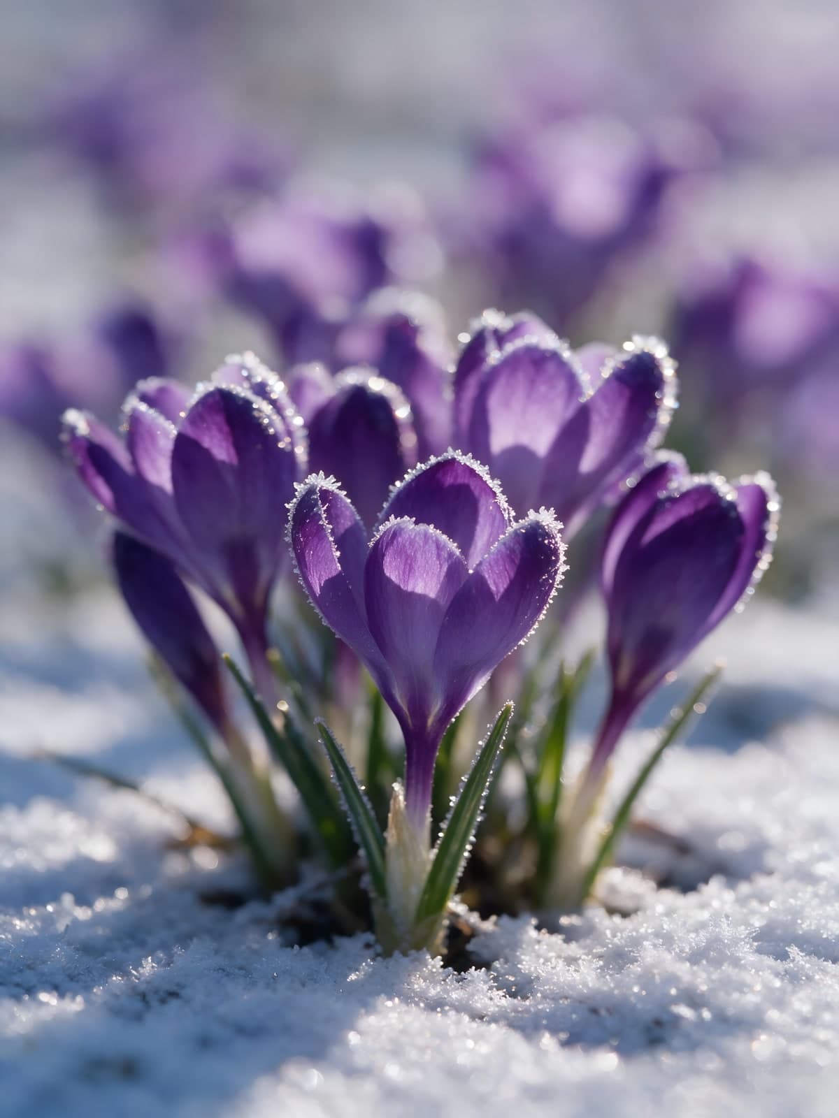 Paarse krokussen in de sneeuw