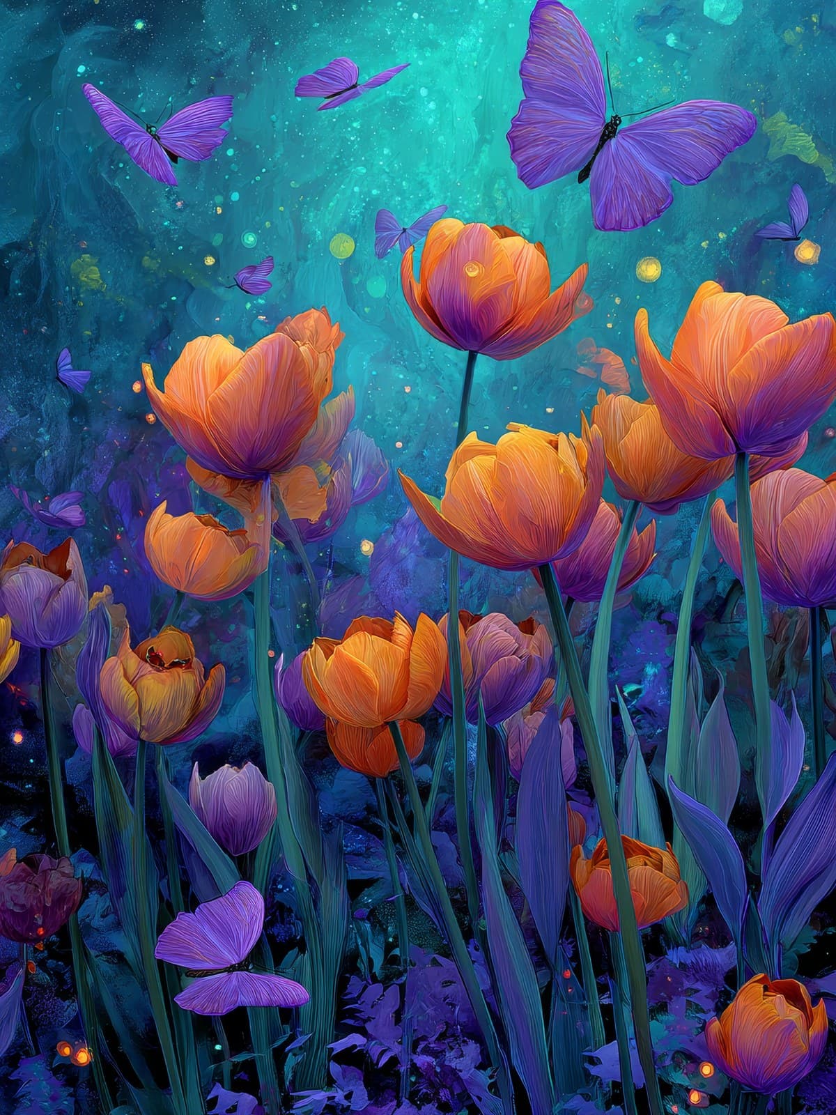 Oranje tulpen in een blauwpaars veld