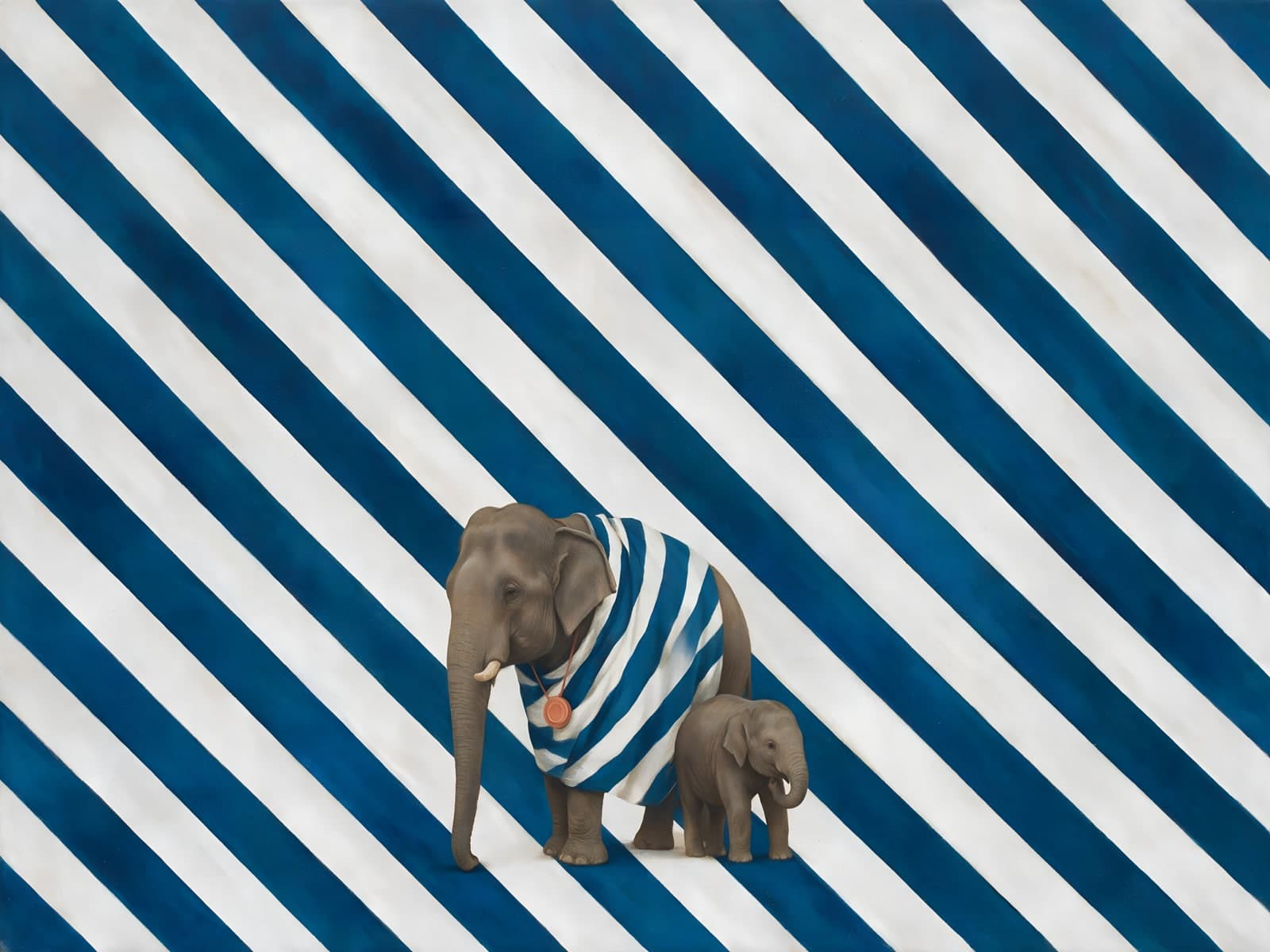 Olifant en kalf op blauwwitte strepen