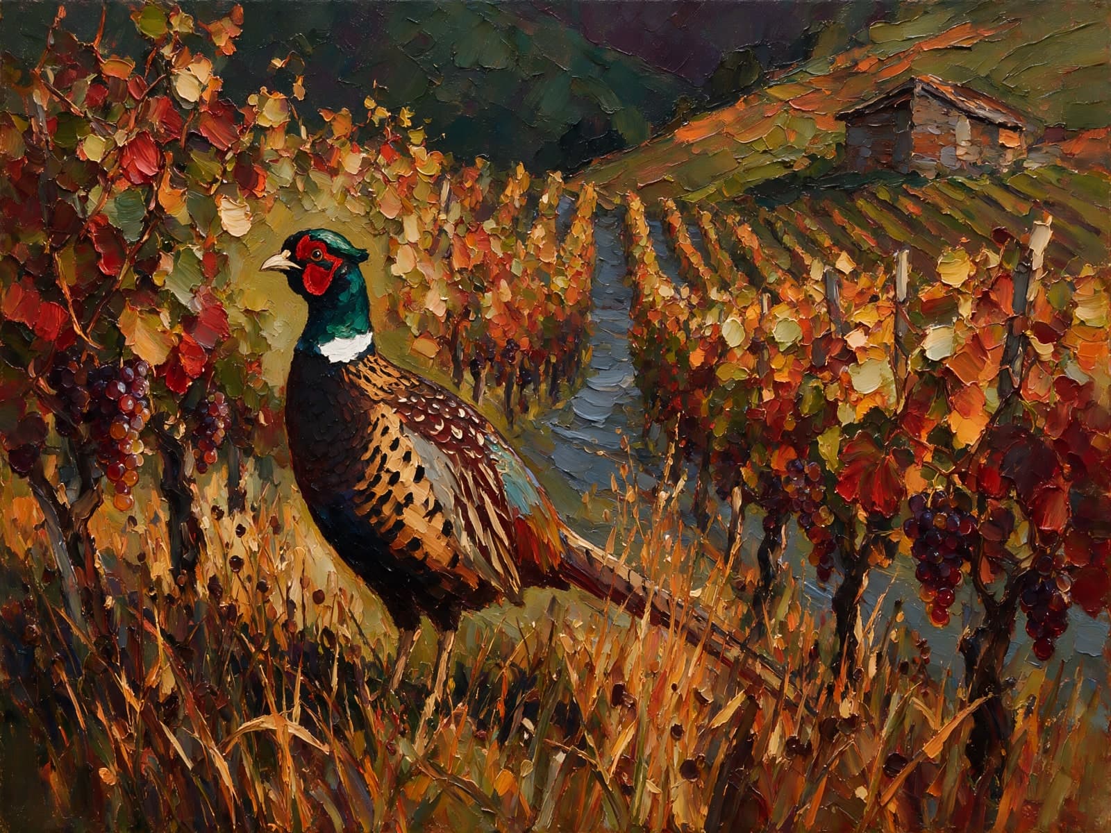 Fazant tussen herfstkleurige wijnstokken