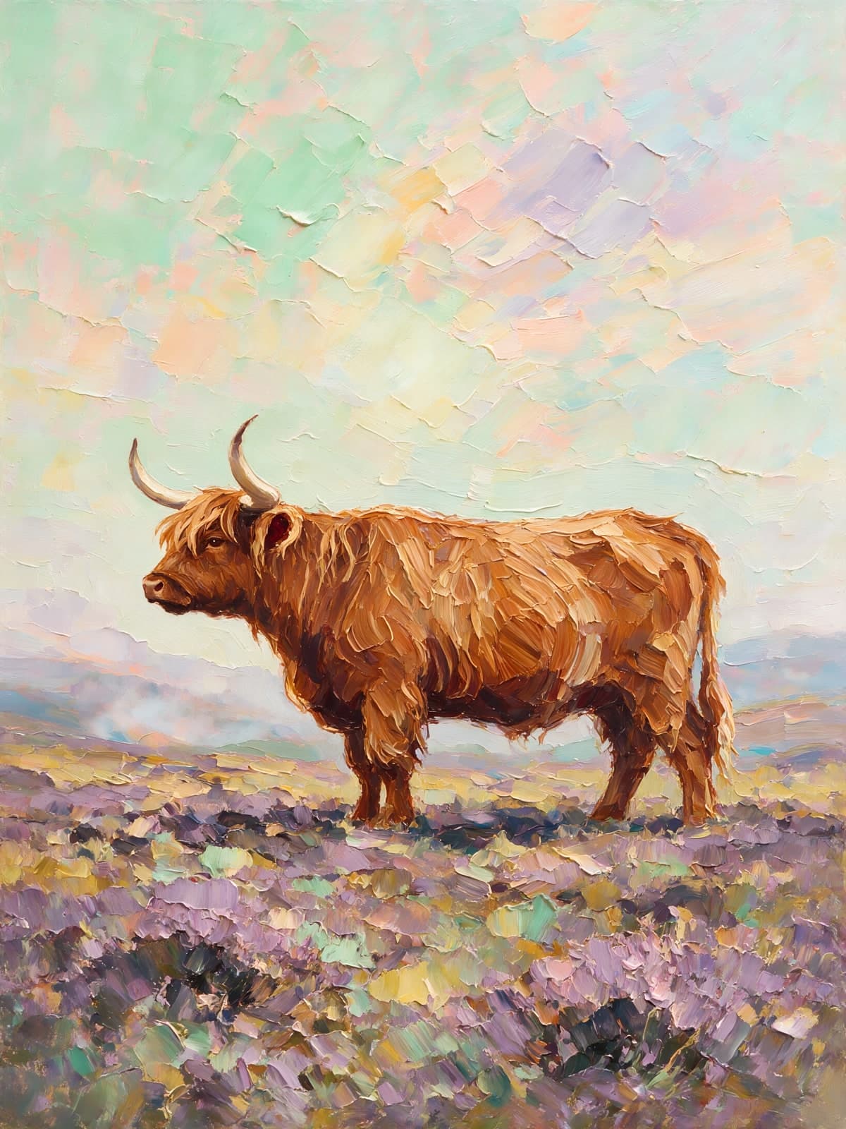 Schotse hooglander in een pastelkleurig heideveld