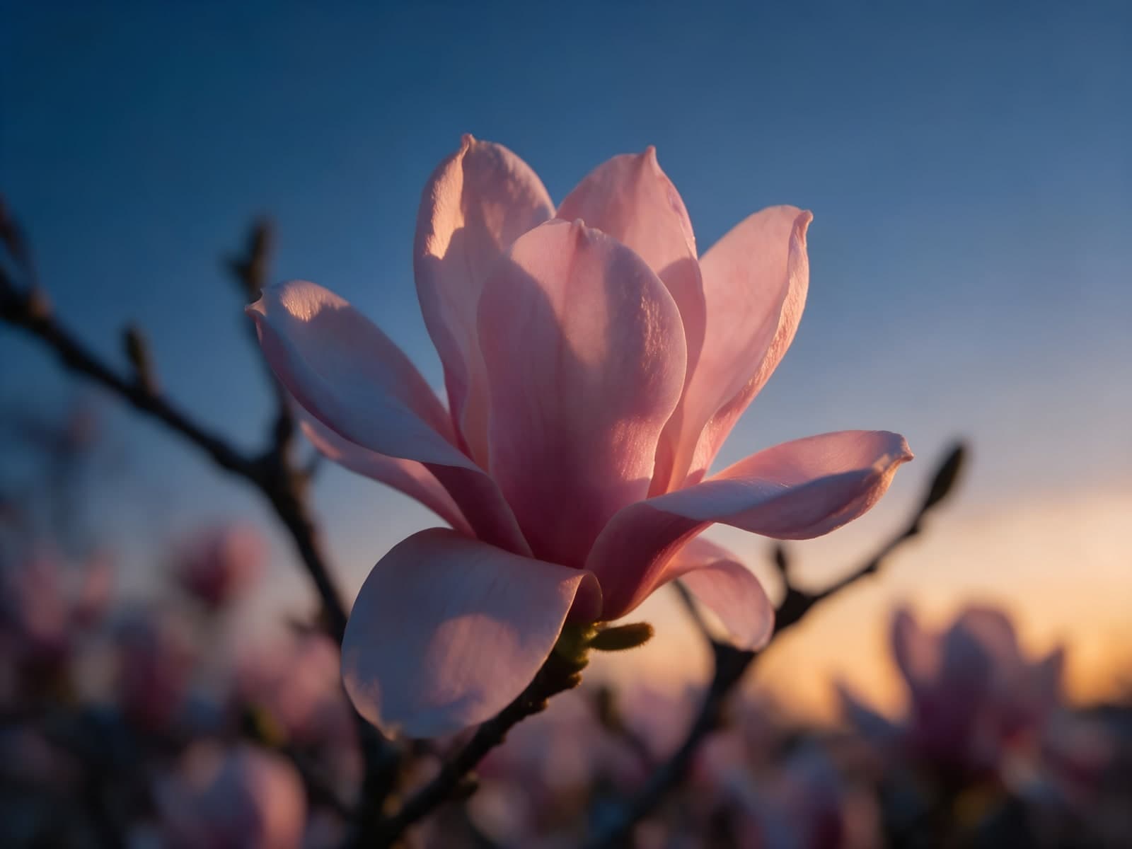 Roze magnolia bij zonsondergang