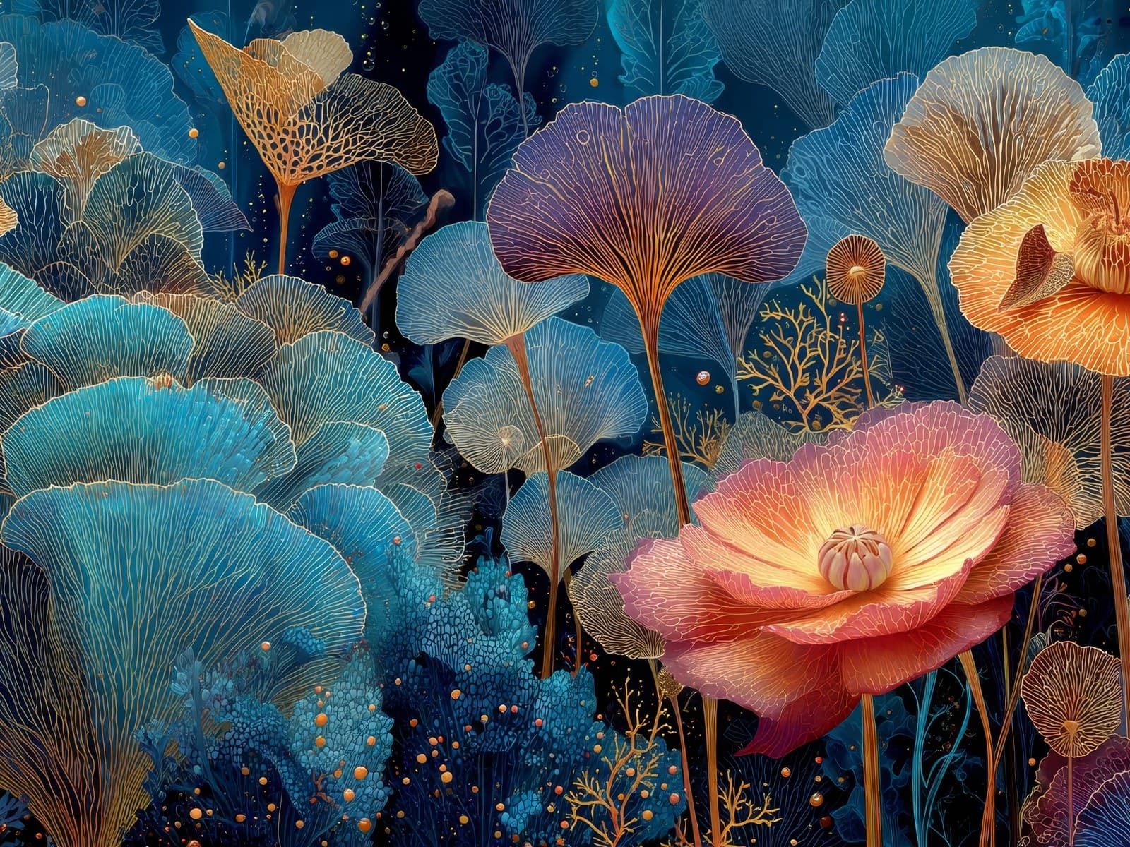 Oranje bloem tussen blauwe waaiervormige planten