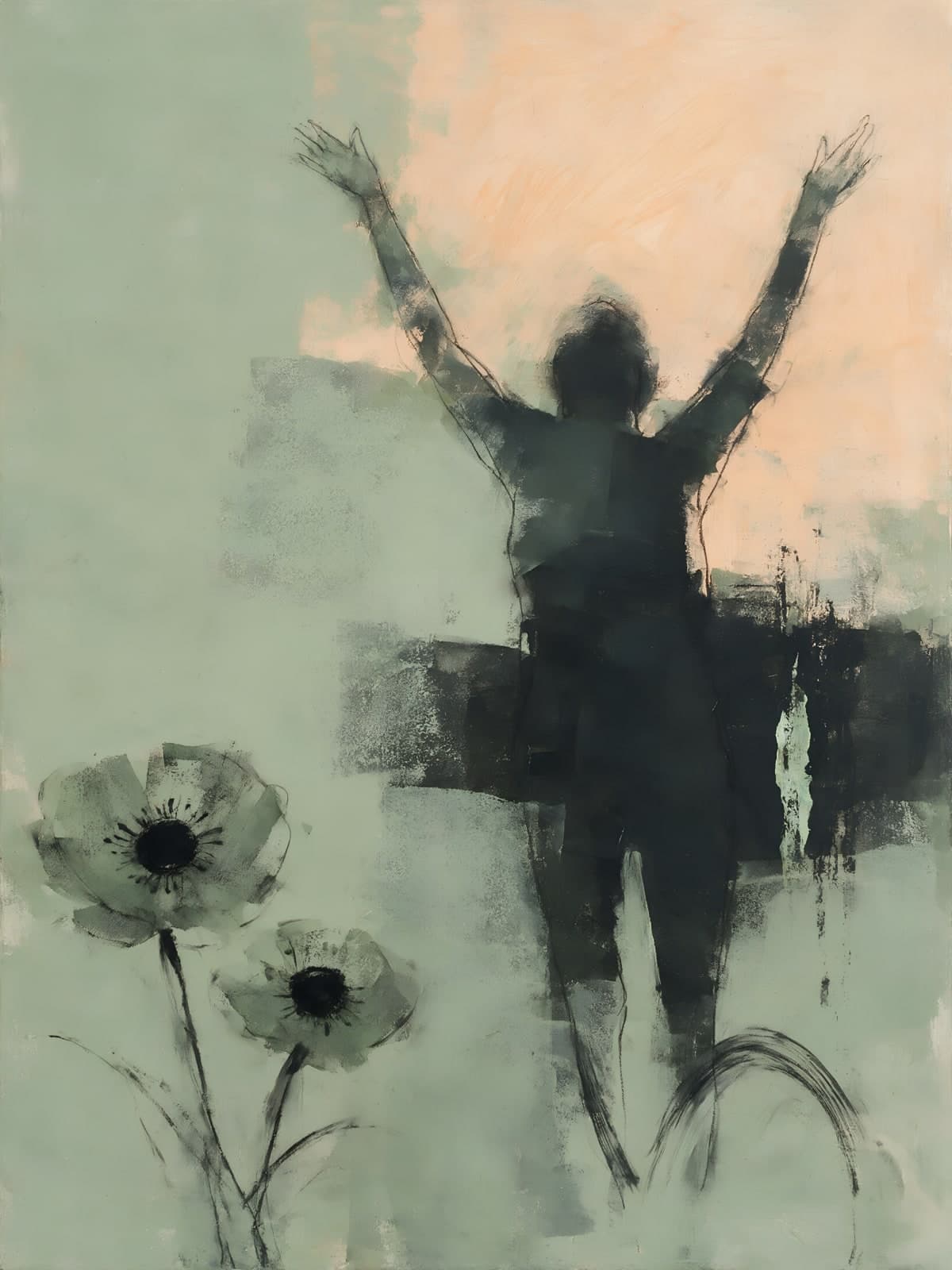 Silhouet met opgeheven armen bij donkere bloemen