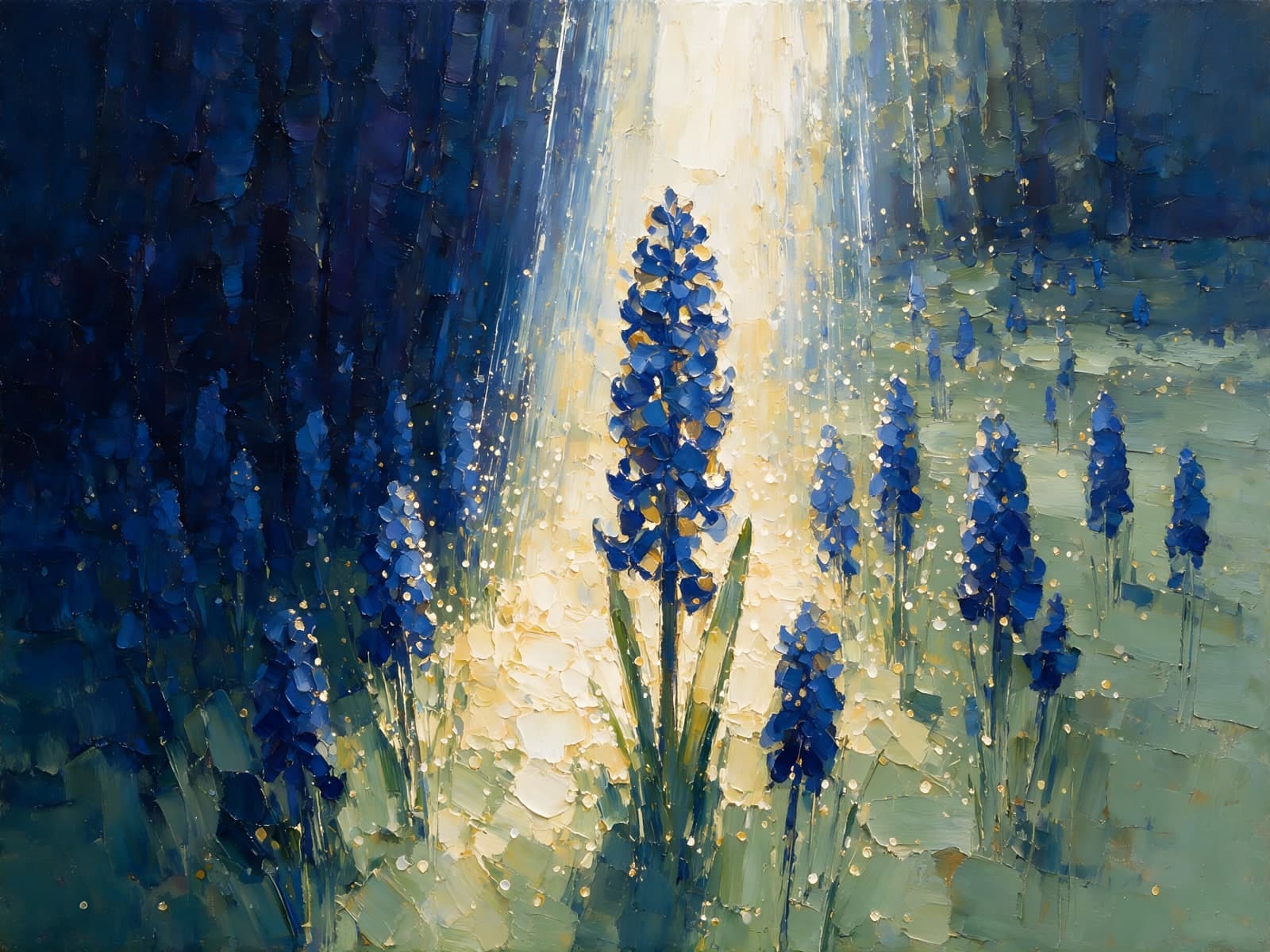 Blauwe lupines in een bundel licht
