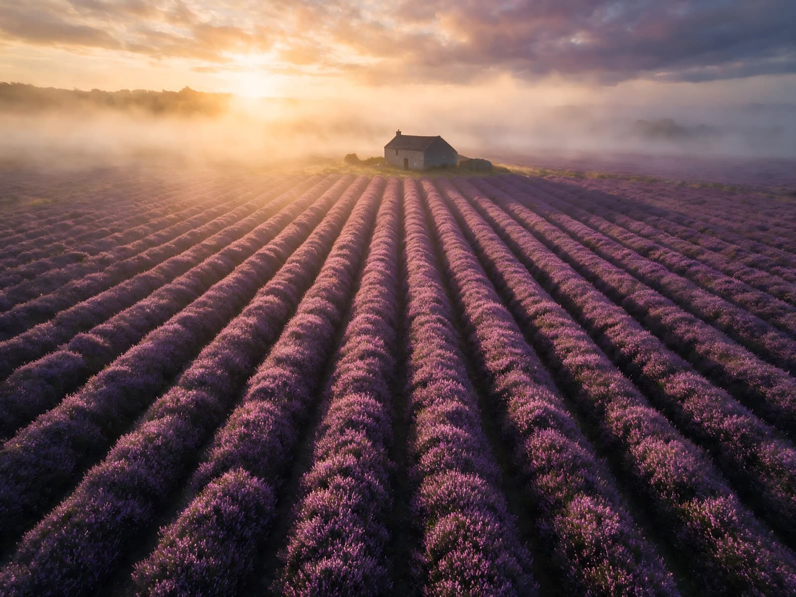 Lavendelrijen en mist bij zonsopgang