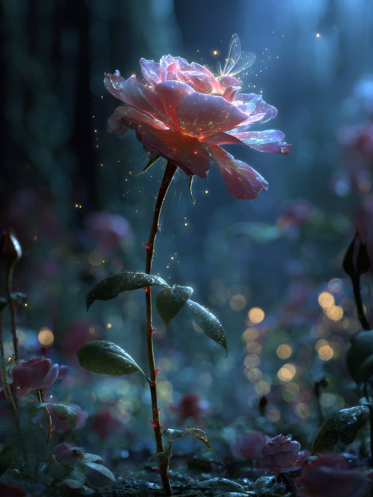 Roze roos in een blauw nachtbos