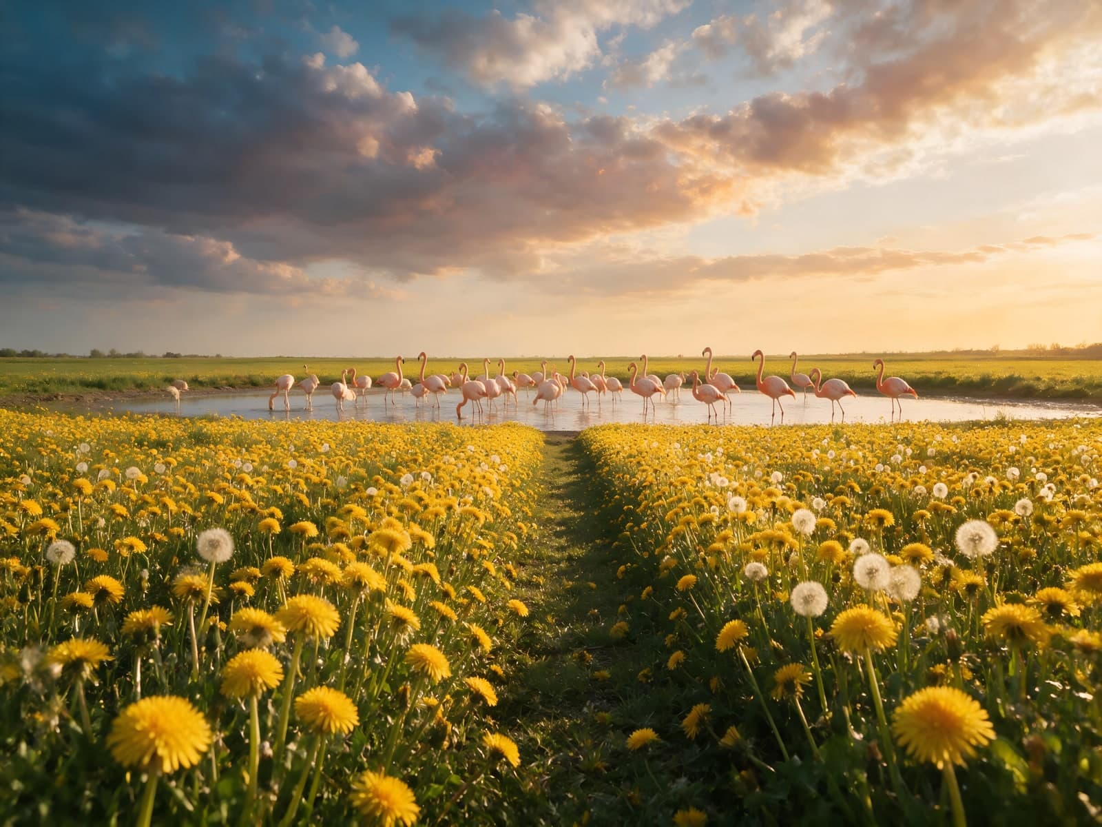 Flamingo's bij een vijver tussen paardenbloemen