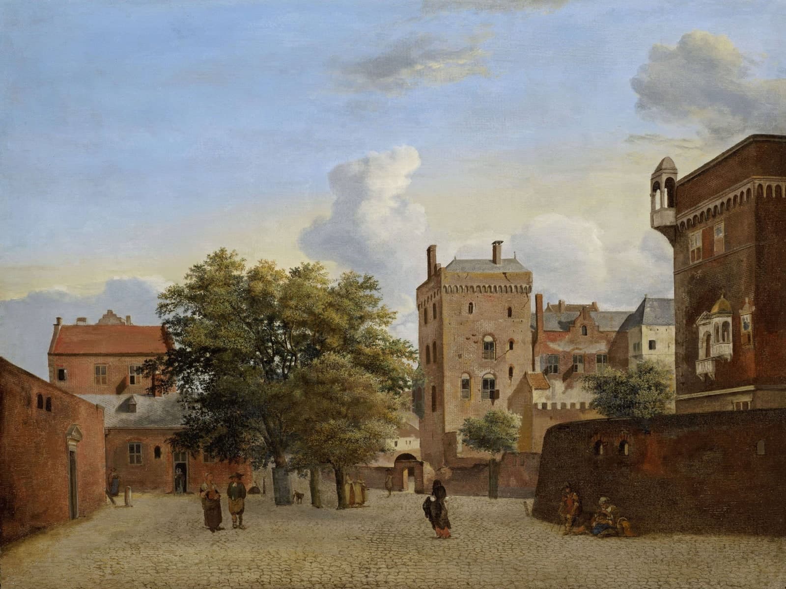 Gezicht op een plein met wandelaars