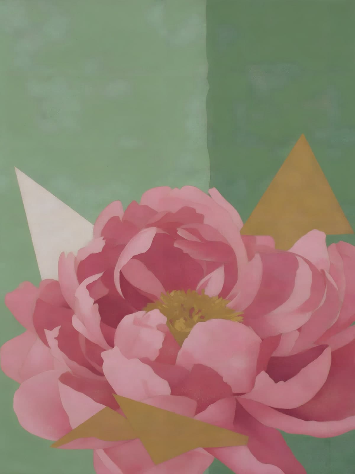 Roze pioen met gouden driehoeken op groen