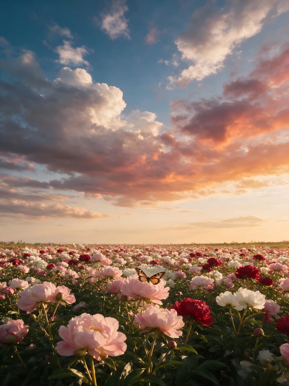 Pioenrozen in een veld onder wolkenlucht