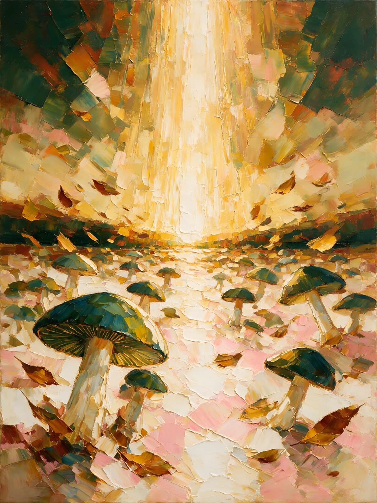 Paddenstoelen in lichtstraal tussen herfstbladeren