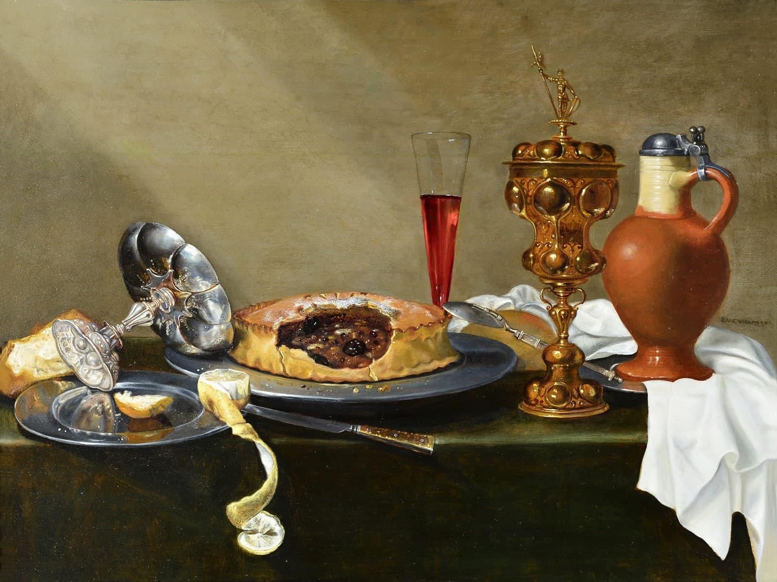 Stilleven met pastei, drinkgerei en citroen