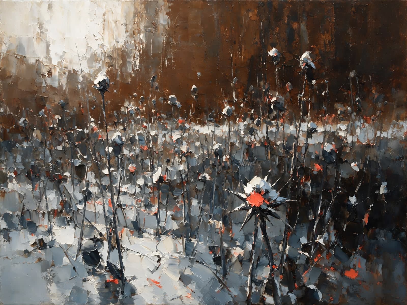 Distels in winters veld met rode bloem