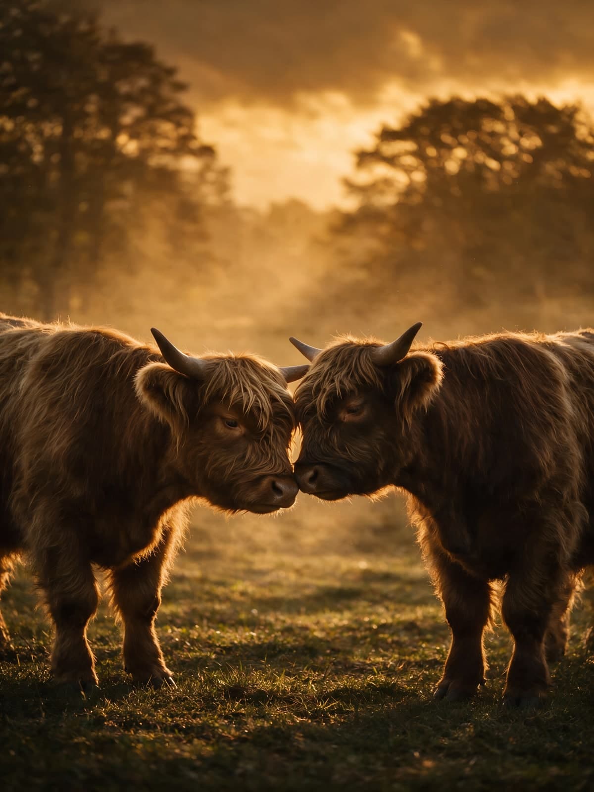 Twee hooglanders neus aan neus in ochtendnevel